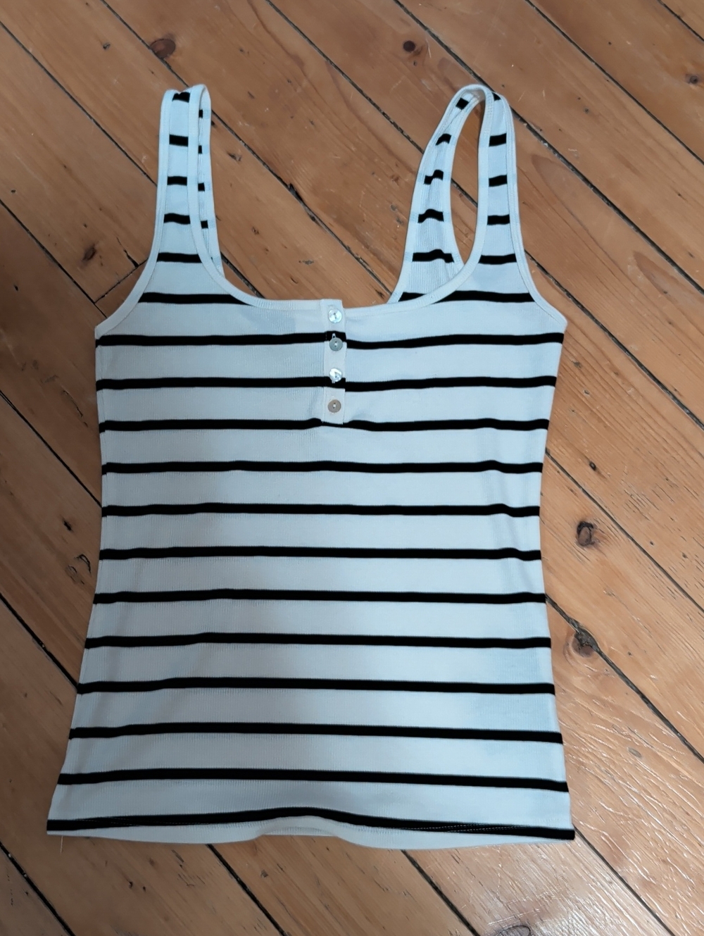 Striped Tank Top with Button Placket - White & Black, S